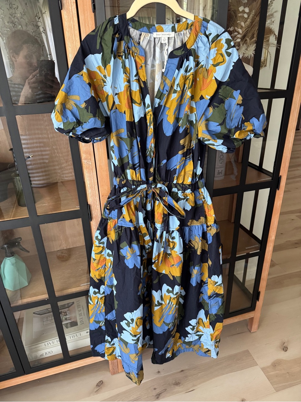 Free Assembly flora midi dress cotton short puff sleeve pockets adjustable tie - Picture 2 of 6